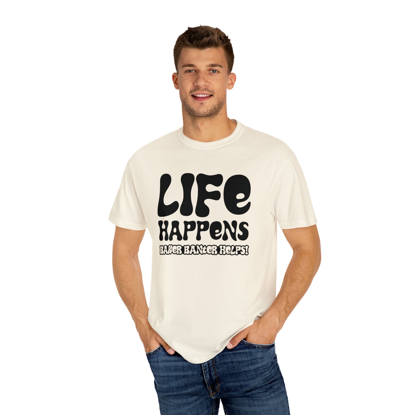 Life Happens Unisex Tee - Ivory/Black, Pepper/White