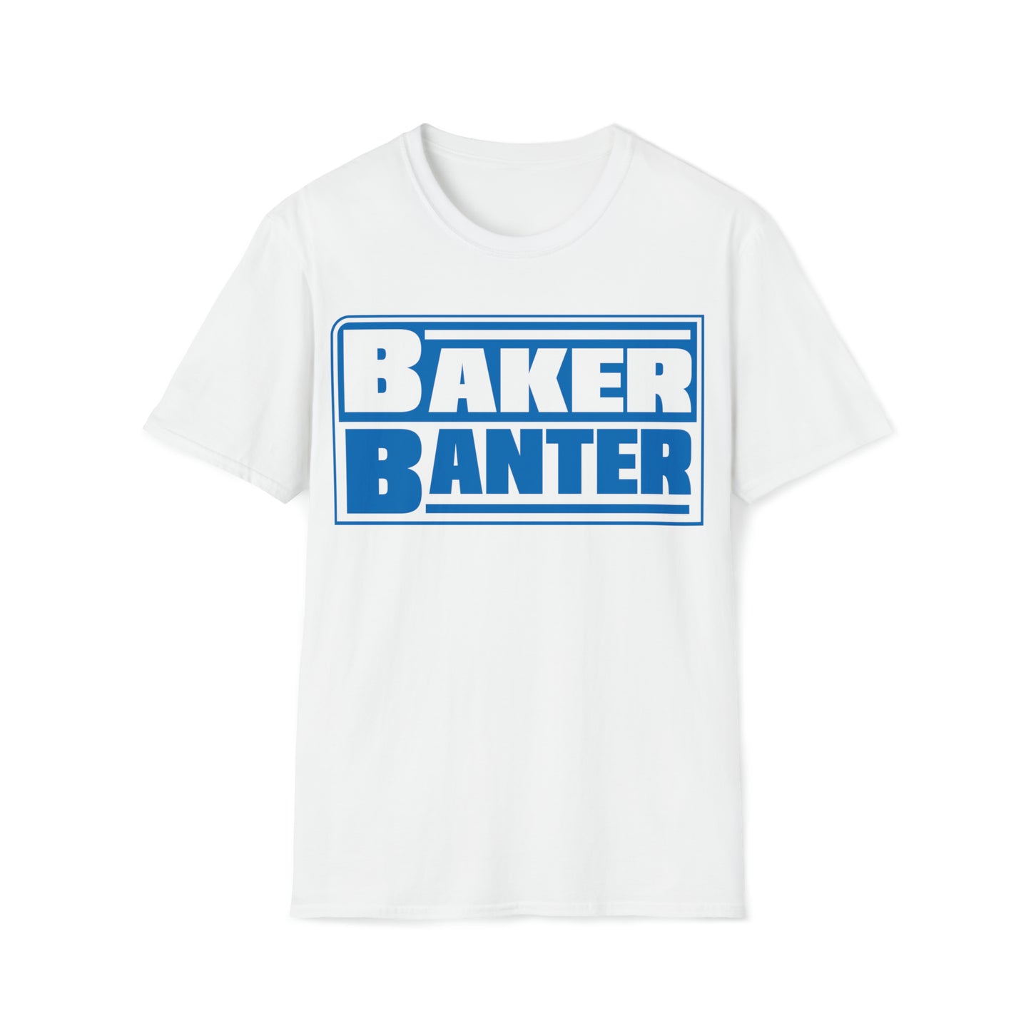 Baker Banter Friday Night Wrestling Tee - Unisex Softstyle - Blue/White, White/Blue