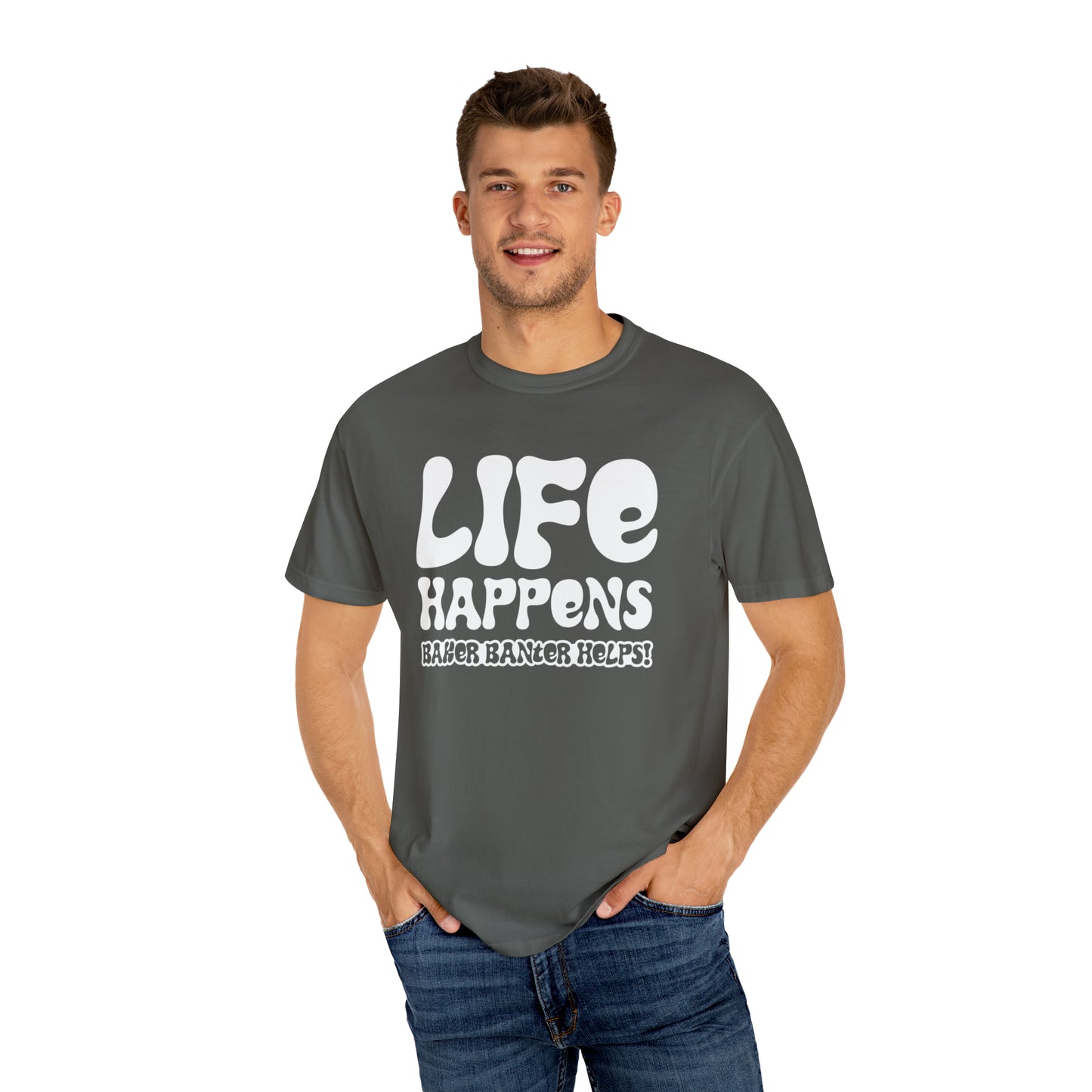 Life Happens Unisex Tee - Ivory/Black, Pepper/White