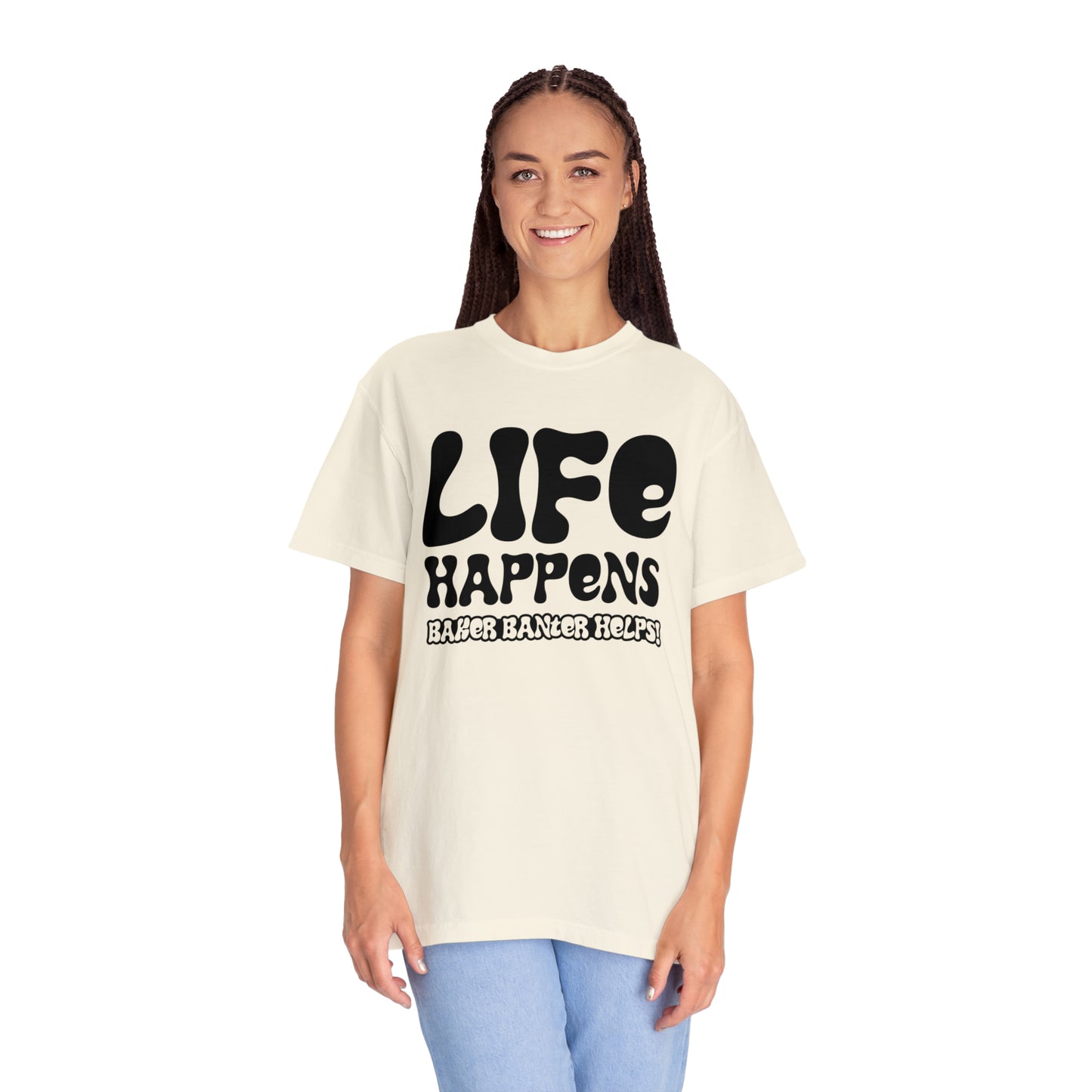 Life Happens Unisex Tee - Ivory/Black, Pepper/White