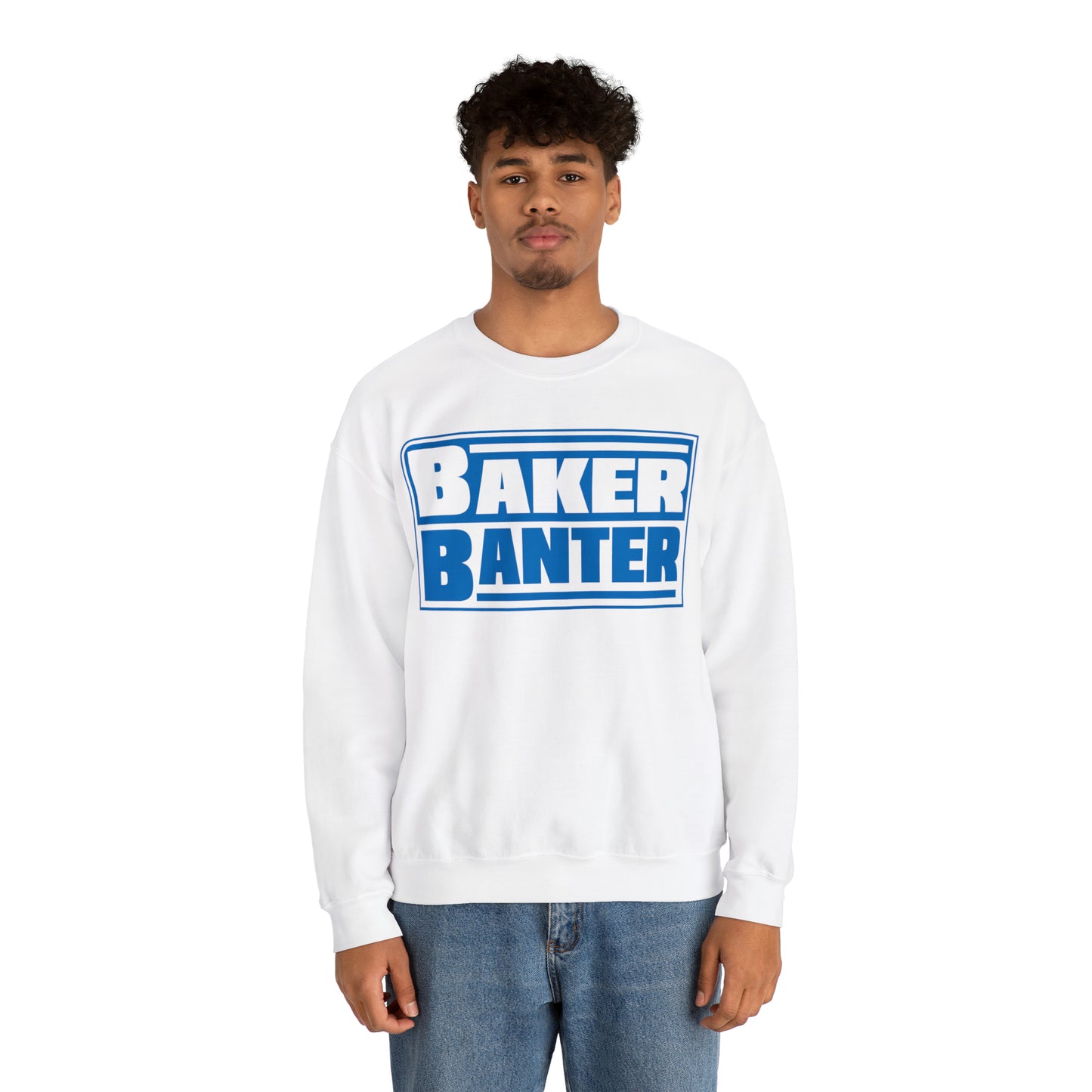 Baker Banter Friday Night Wrestling Unisex Crewneck Sweatshirt - Blue/White, White/Blue, Black/White