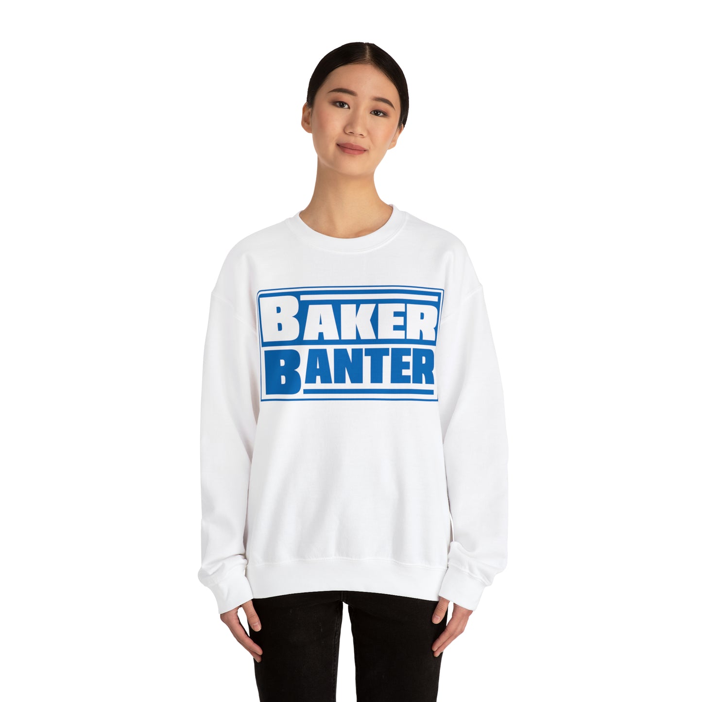 Baker Banter Friday Night Wrestling Unisex Crewneck Sweatshirt - Blue/White, White/Blue, Black/White