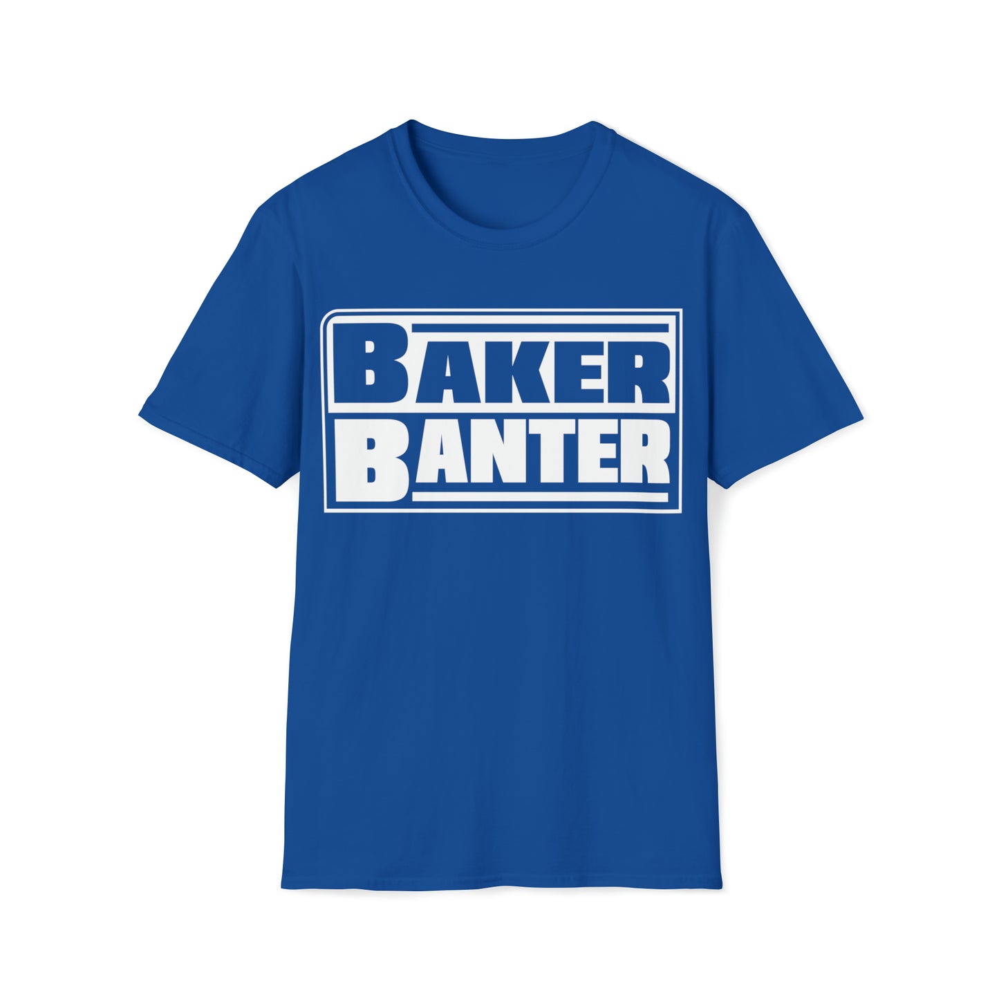 Baker Banter Friday Night Wrestling Tee - Unisex Softstyle - Blue/White, White/Blue